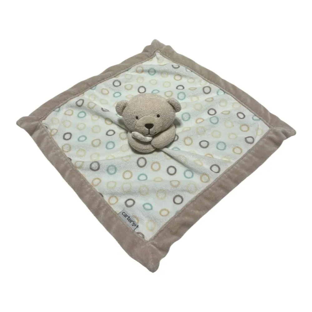 Carter’s Tan Bear Lovey White Circles Baby Security Blanket Teddy 14”